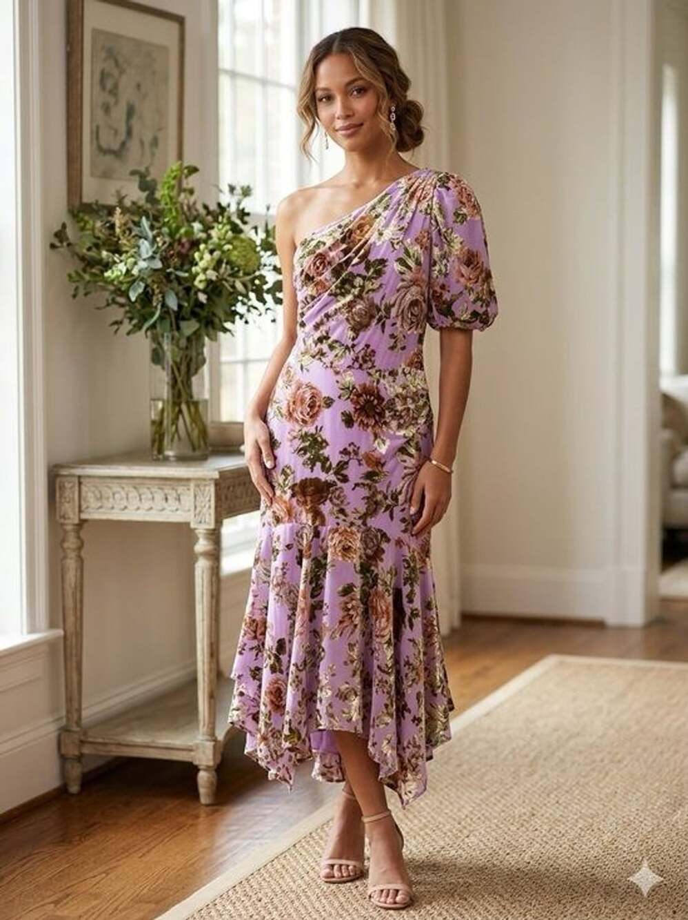 Astr the Label One-Shoulder Lavender Floral Midi Dress